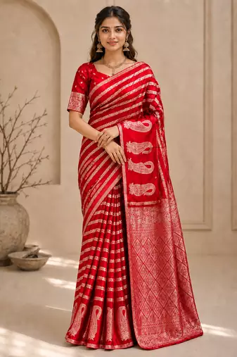 Red Color Combination Of Silver And Gold Zari Weaving, Intricate Mango Motifs Viscose Satin Silk Saree