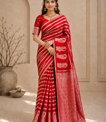 Red Color Combination Of Silver And Gold Zari Weaving, Intricate Mango Motifs Viscose Satin Silk Saree