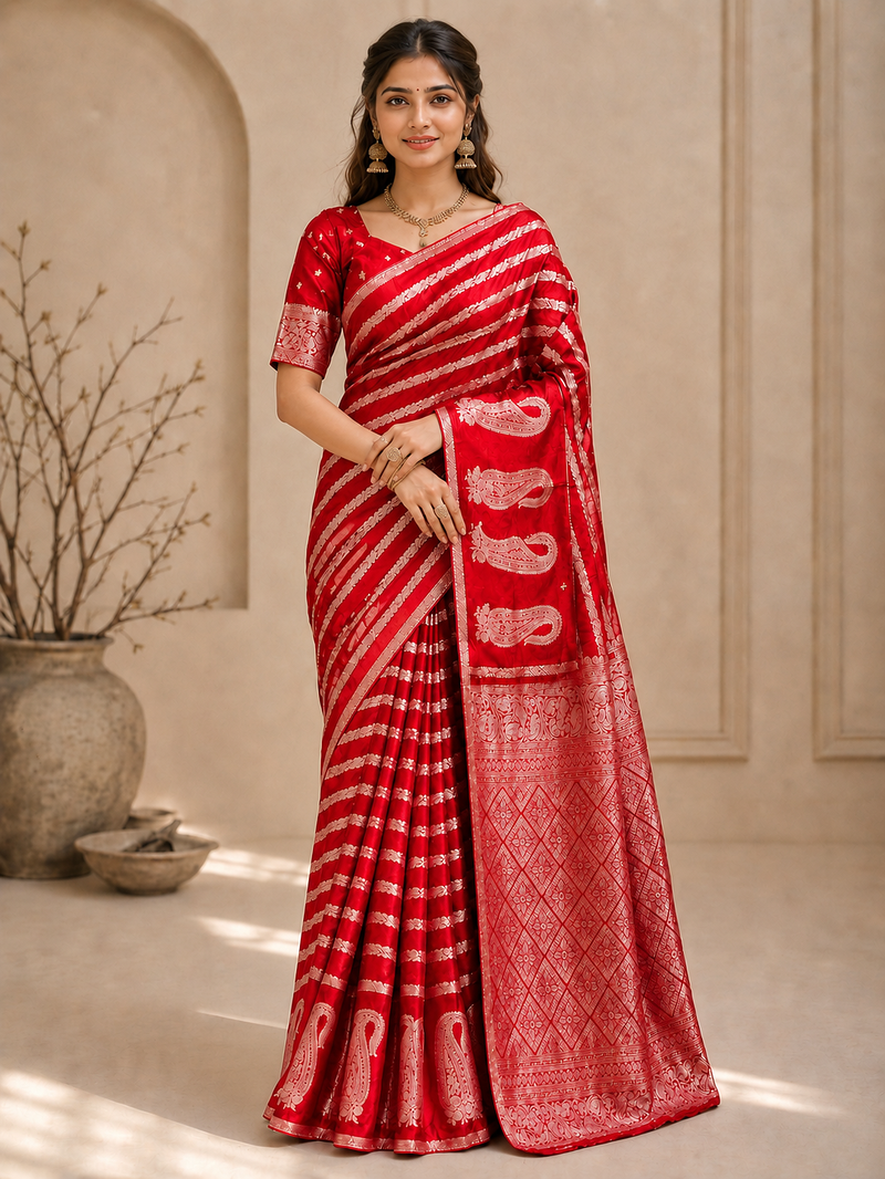 Red Color Combination Of Silver And Gold Zari Weaving, Intricate Mango Motifs Viscose Satin Silk Saree