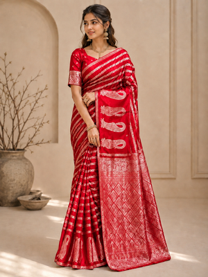 Red Color Combination Of Silver And Gold Zari Weaving, Intricate Mango Motifs Viscose Satin Silk Saree 2
