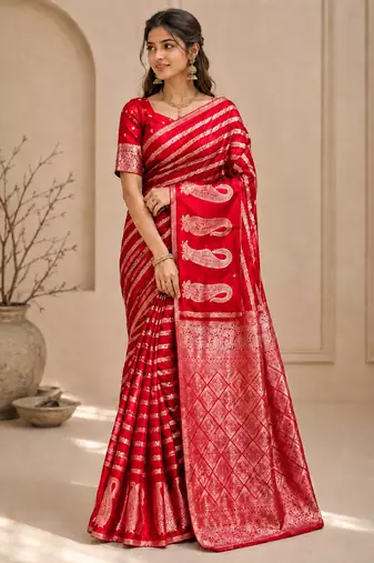 Red Color Combination Of Silver And Gold Zari Weaving, Intricate Mango Motifs Viscose Satin Silk Saree