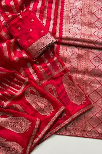Red Color Combination Of Silver And Gold Zari Weaving, Intricate Mango Motifs Viscose Satin Silk Saree