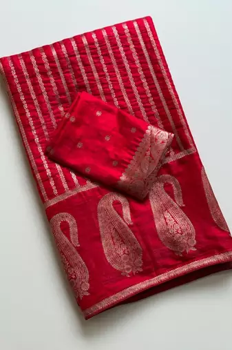 Red Color Combination Of Silver And Gold Zari Weaving, Intricate Mango Motifs Viscose Satin Silk Saree