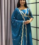 teal color multi-sequin and zari embroidered faux blooming georgette gown set