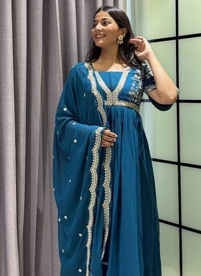 teal color multi-sequin and zari embroidered faux blooming georgette gown set 2