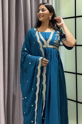 teal color multi-sequin and zari embroidered faux blooming georgette gown set