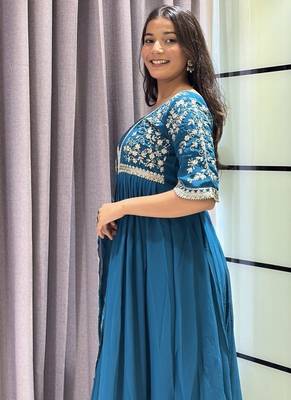 teal color multi-sequin and zari embroidered faux blooming georgette gown set 3