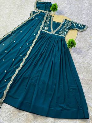 teal color multi-sequin and zari embroidered faux blooming georgette gown set 5