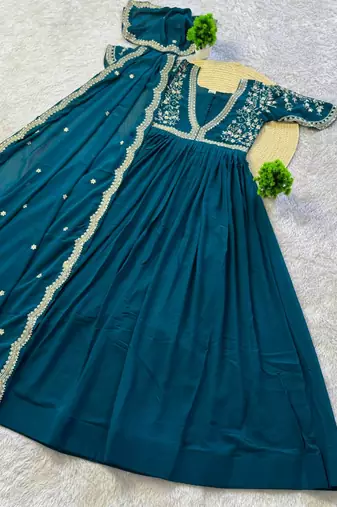 teal color multi-sequin and zari embroidered faux blooming georgette gown set