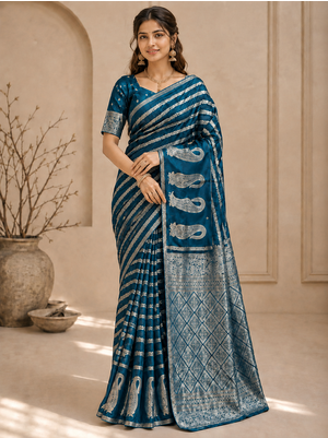 Blue Color Combination Of Silver And Gold Zari Weaving, Intricate Mango Motifs Viscose Satin Silk Saree 1