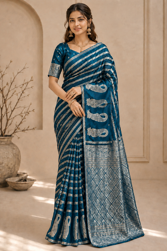Blue Color Combination Of Silver And Gold Zari Weaving, Intricate Mango Motifs Viscose Satin Silk Saree
