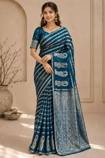Blue Color Combination Of Silver And Gold Zari Weaving, Intricate Mango Motifs Viscose Satin Silk Saree