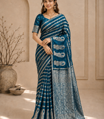 Blue Color Combination Of Silver And Gold Zari Weaving, Intricate Mango Motifs Viscose Satin Silk Saree