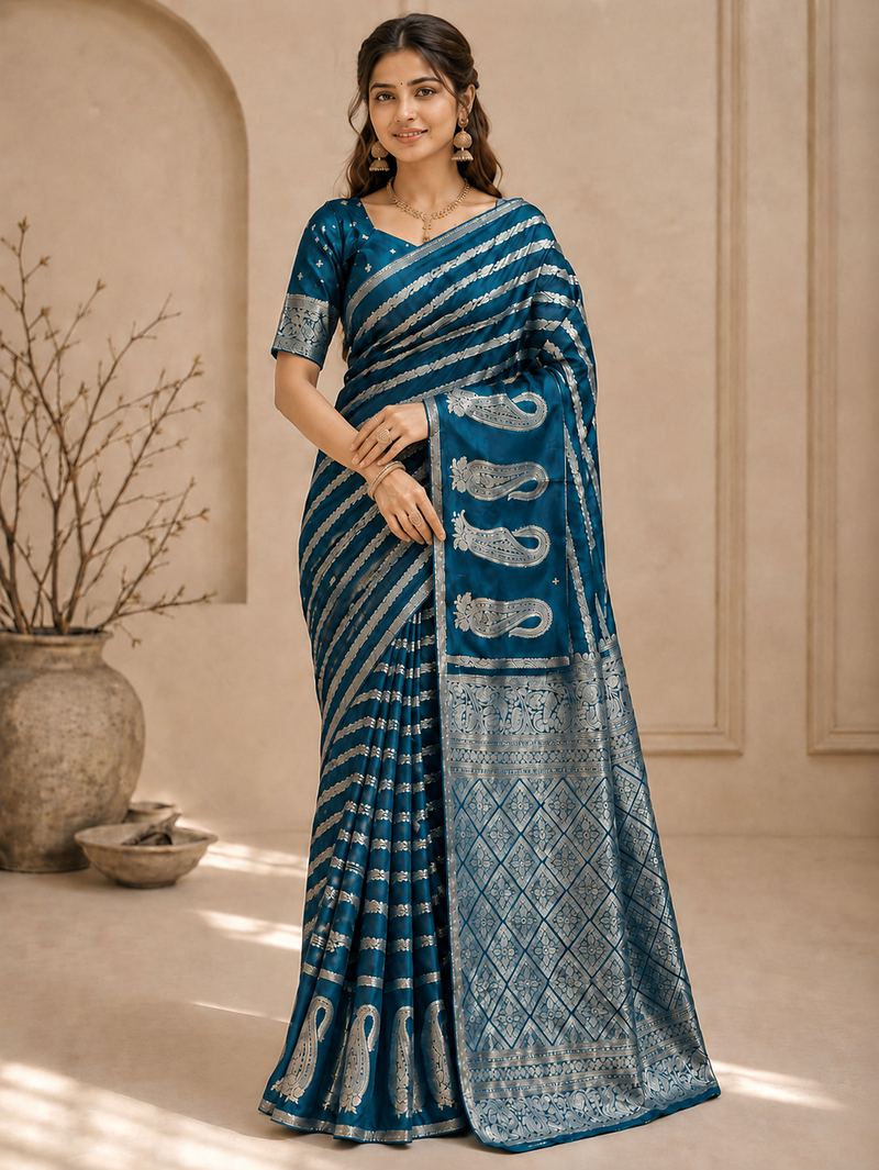 Blue Color Combination Of Silver And Gold Zari Weaving, Intricate Mango Motifs Viscose Satin Silk Saree