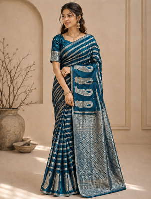 Blue Color Combination Of Silver And Gold Zari Weaving, Intricate Mango Motifs Viscose Satin Silk Saree 2