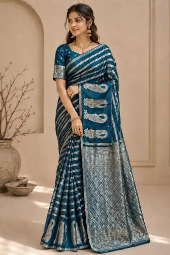Blue Color Combination Of Silver And Gold Zari Weaving, Intricate Mango Motifs Viscose Satin Silk Saree