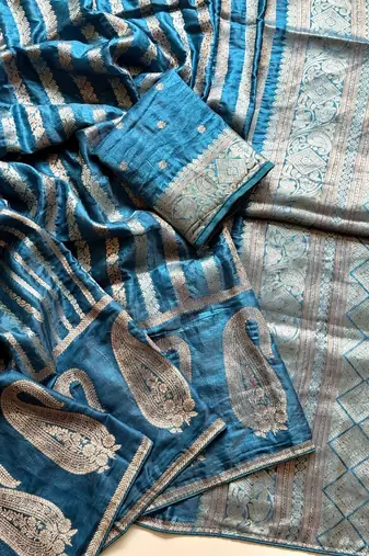 Blue Color Combination Of Silver And Gold Zari Weaving, Intricate Mango Motifs Viscose Satin Silk Saree