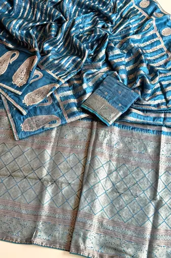Blue Color Combination Of Silver And Gold Zari Weaving, Intricate Mango Motifs Viscose Satin Silk Saree
