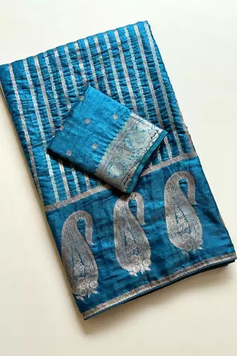 Blue Color Combination Of Silver And Gold Zari Weaving, Intricate Mango Motifs Viscose Satin Silk Saree