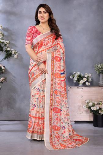 Handloom linen cotton zari border digital printed saree  with attached blouse