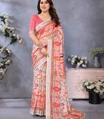 Handloom linen cotton zari border digital printed saree  with attached blouse
