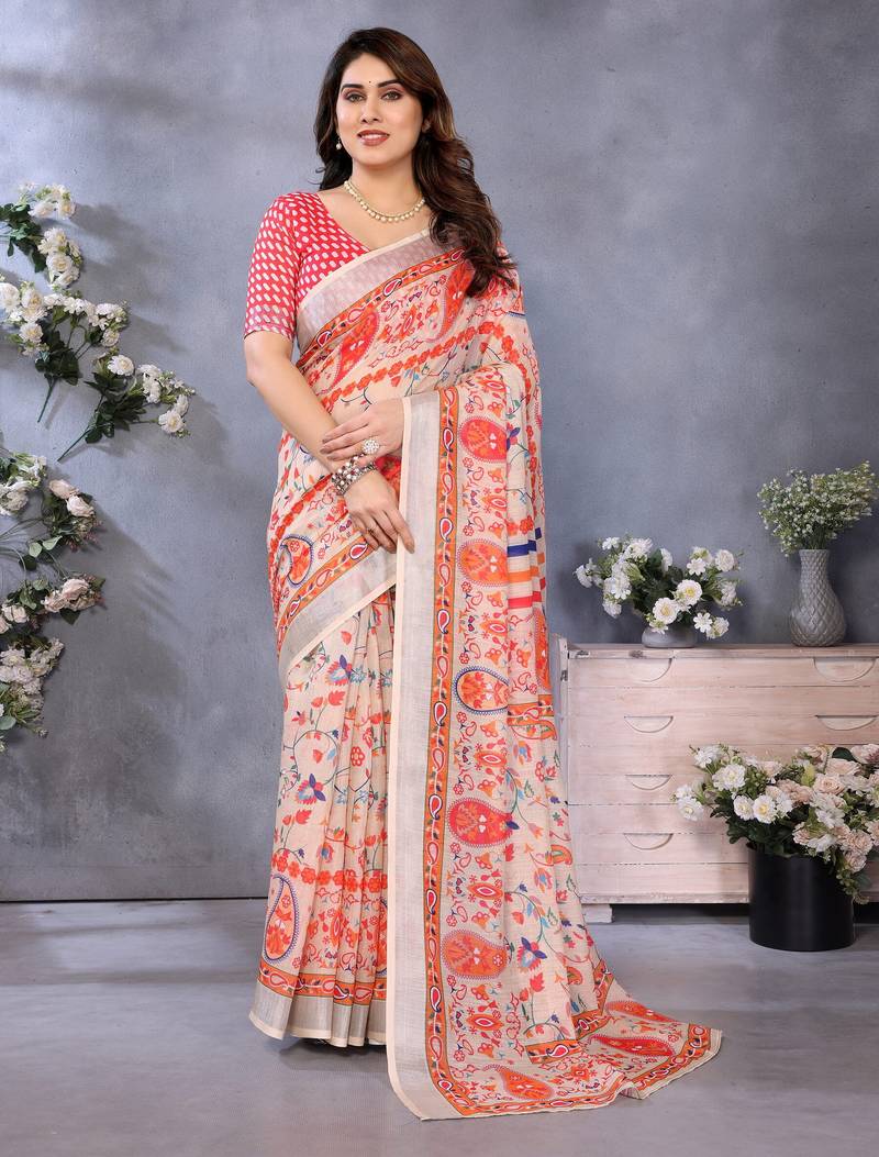 Handloom linen cotton zari border digital printed saree  with attached blouse