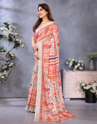Handloom linen cotton zari border digital printed saree  with attached blouse 2