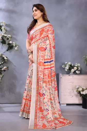 Handloom linen cotton zari border digital printed saree  with attached blouse