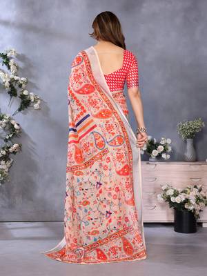 Handloom linen cotton zari border digital printed saree  with attached blouse 3