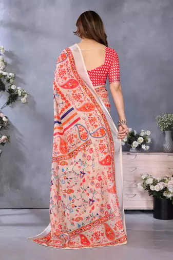 Handloom linen cotton zari border digital printed saree  with attached blouse