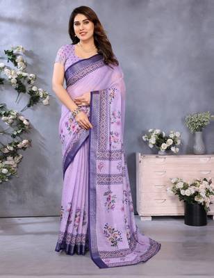 Handloom linen cotton zari border digital printed saree  with attached blouse 1