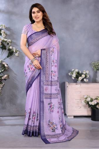 Handloom linen cotton zari border digital printed saree  with attached blouse