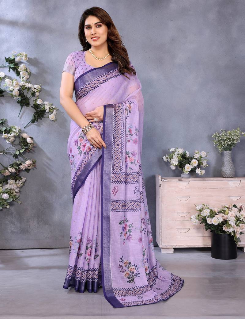 Handloom linen cotton zari border digital printed saree  with attached blouse