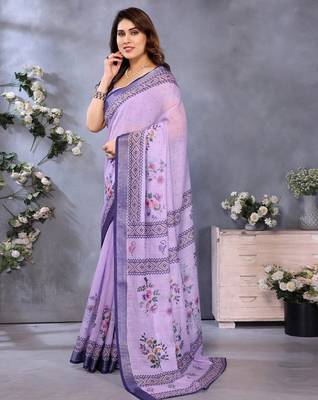 Handloom linen cotton zari border digital printed saree  with attached blouse 2
