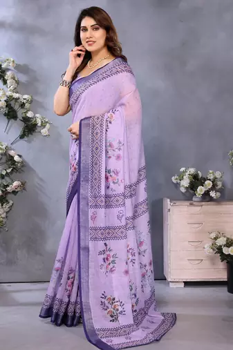 Handloom linen cotton zari border digital printed saree  with attached blouse