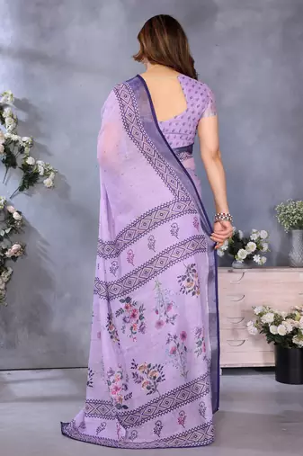 Handloom linen cotton zari border digital printed saree  with attached blouse