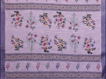 Handloom linen cotton zari border digital printed saree  with attached blouse 5
