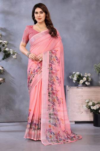 Handloom linen cotton zari border digital printed saree  with attached blouse