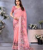 Handloom linen cotton zari border digital printed saree  with attached blouse