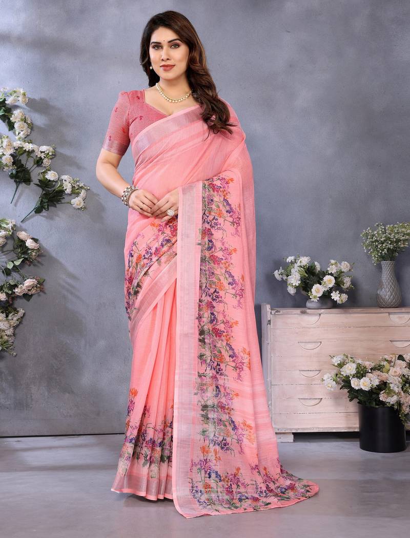 Handloom linen cotton zari border digital printed saree  with attached blouse