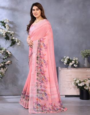 Handloom linen cotton zari border digital printed saree  with attached blouse 2