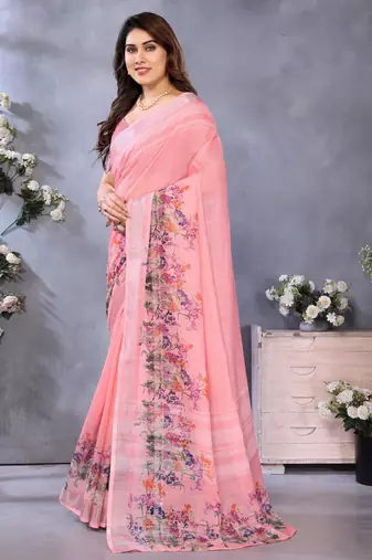 Handloom linen cotton zari border digital printed saree  with attached blouse