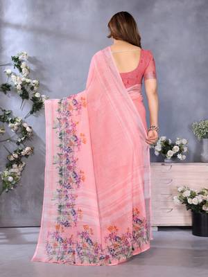 Handloom linen cotton zari border digital printed saree  with attached blouse 3