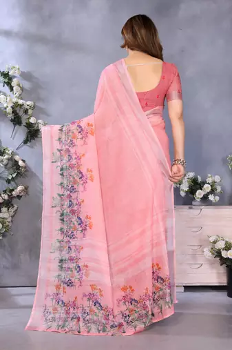 Handloom linen cotton zari border digital printed saree  with attached blouse
