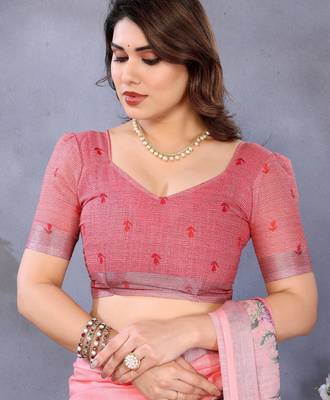 Handloom linen cotton zari border digital printed saree  with attached blouse 4