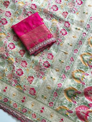 light green color siquence embroidery cut work lace fitting with kasmiri thread weaving pasmeena silk blend saree 1