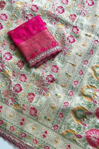 light green color siquence embroidery cut work lace fitting with kasmiri thread weaving pasmeena silk blend saree