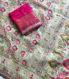 light green color siquence embroidery cut work lace fitting with kasmiri thread weaving pasmeena silk blend saree