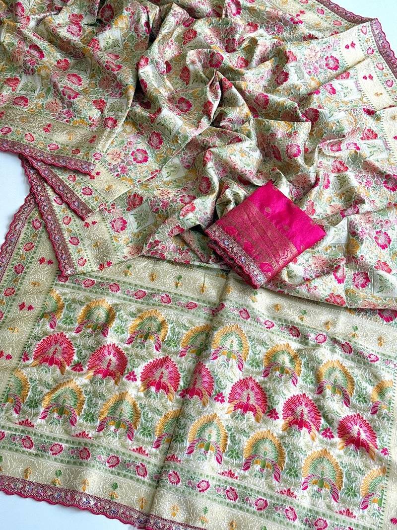 light green color siquence embroidery cut work lace fitting with kasmiri thread weaving pasmeena silk blend saree