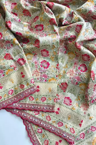light green color siquence embroidery cut work lace fitting with kasmiri thread weaving pasmeena silk blend saree
